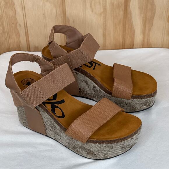 OTBT Bushnell Wedge Sandals Size 9 Leather Textile Stretch Strap Comfort Y2K - Picture 2 of 7